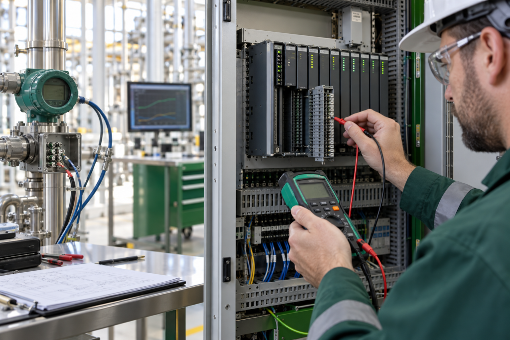 Emerson DeltaV analog input module and 4-20 mA loop inspection in a bright process plant cabinet 2026