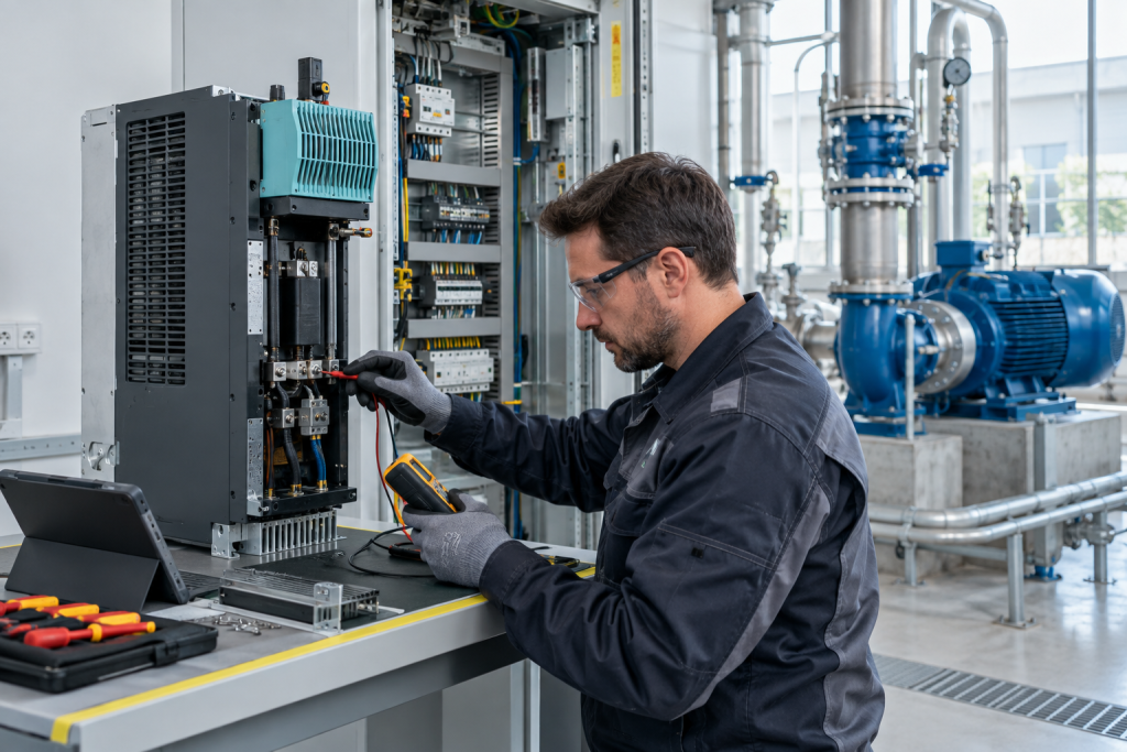 SINAMICS G120 class drive power module inspected in a bright plant workshop 2026